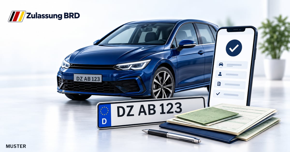 Online Fahrzeugzulassung in Oschatz: Musterkennzeichen DZ AB 123, Auto und Fahrzeugpapiere und Smartphone. Illustration mit Logo von Zulassung BRD.